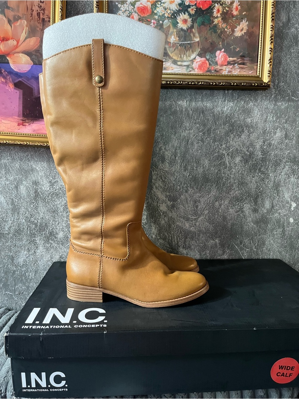 INC International Concepts Leather Tall Riding Boots in Tan Saddle Wide calf